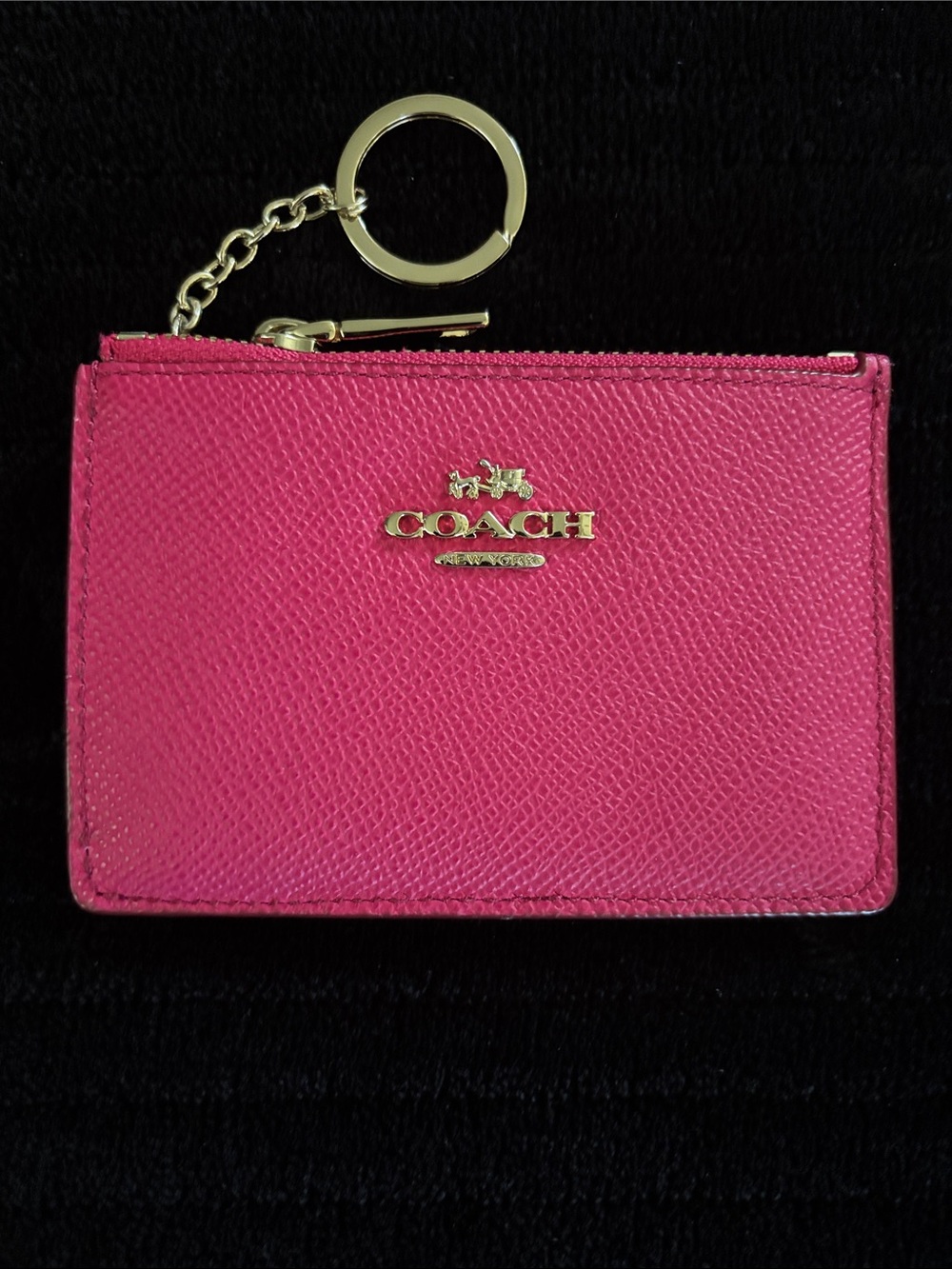 Coach Hot Pink Leather Zip Card Case with Gold Keyring